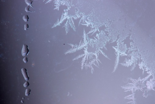 Ice shapes on a window pane.